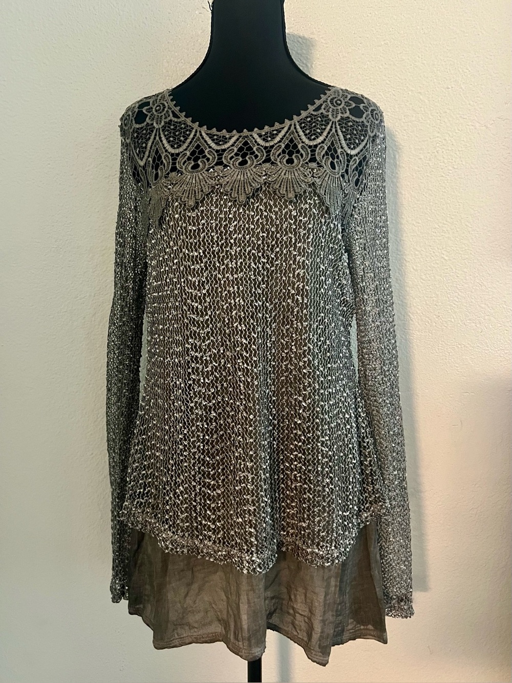 Silver Metallic Knit Lace-Yoke Tunic Top